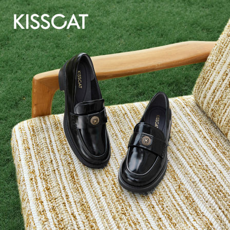 KISSCAT接吻猫[金币]老钱乐福鞋25秋新款通勤真皮黑色乐福鞋女KA65521-50