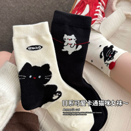卡通小猫袜子女春秋款棉袜日系可爱中筒袜女ins潮秋冬德训鞋长袜