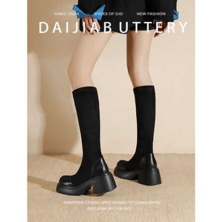 中筒靴弹力靴瘦瘦靴2024新款秋季厚底女小个子时尚马丁靴女高跟靴