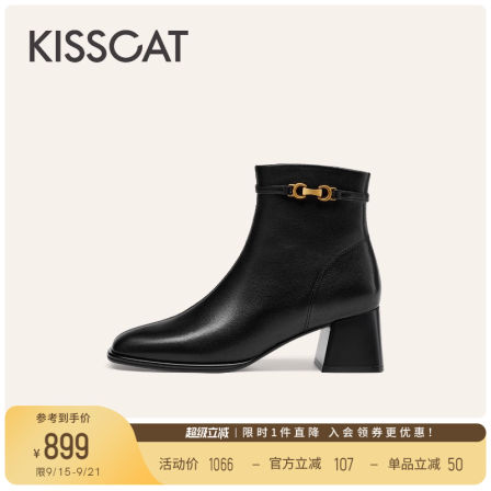 KISSCAT接吻猫25冬新老钱质感时装靴方头黑色高跟靴粗跟短靴女