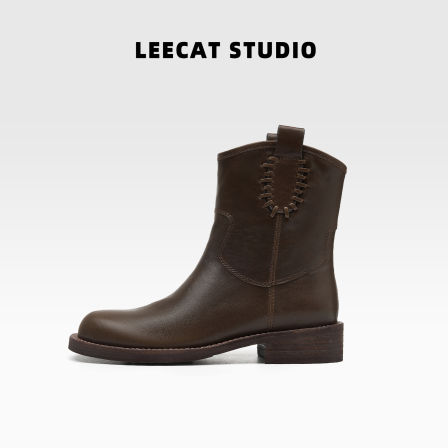 LeeCatStudio|4CM厚底增高烟筒靴褶皱真皮复古黑中筒短靴切尔西靴
