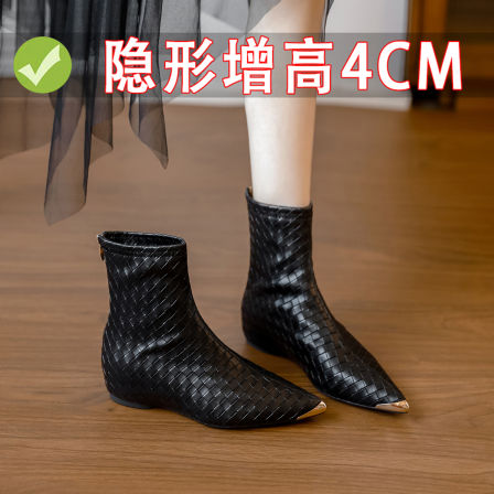 黑色小短靴女秋冬款小个子内增高时装靴高级感金属头防踢加绒靴子