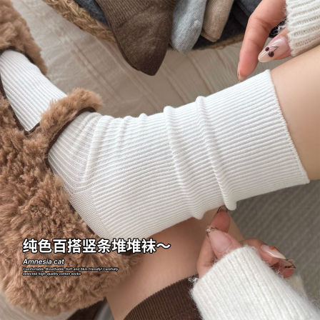白色袜子女春秋款纯棉不起球中筒袜女堆堆袜配勃肯鞋学院风长袜