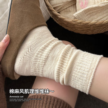 粗线堆堆袜子女春秋季纯棉白色中筒袜ins潮棉麻感配勃肯鞋堆堆袜