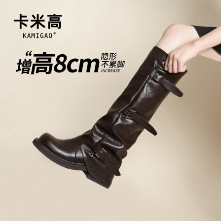 8cm内增高骑士靴女2025新款秋冬厚底皮带扣裤管褶皱堆堆长筒靴子