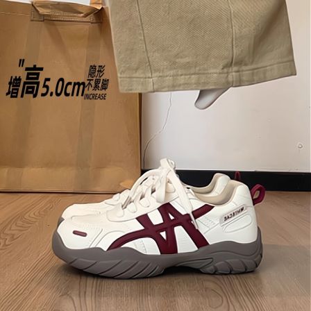 红色德训鞋女内增高2025秋季新款复古百搭真皮运动休闲厚底阿甘鞋
