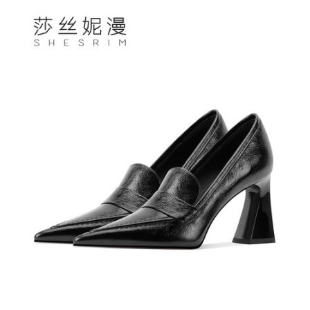 「6/8CM」粗跟单鞋女2025秋季新款真皮尖头不累脚高跟鞋气质单鞋女