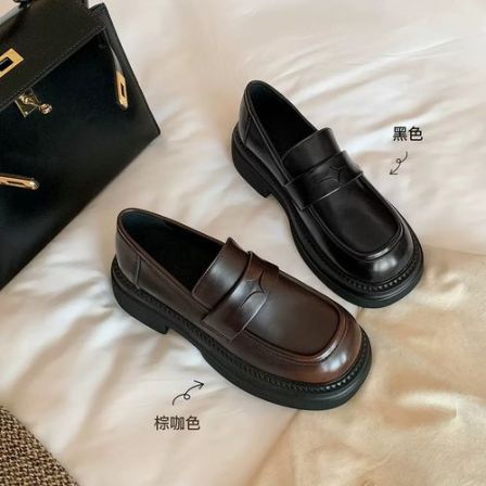苏茵茵~圆头厚底粗跟一脚蹬乐福单鞋小皮鞋E3402095【颖】