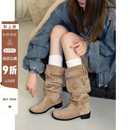 戈森定制不过膝长靴女2025新款粗跟圆头显瘦高筒骑士靴褶皱堆堆靴