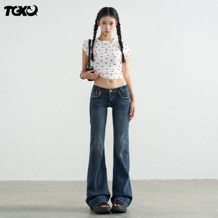 TGXQ美式牛仔裤女2025新款复古水洗蓝拖地辣妹弹力超低腰微喇裤子