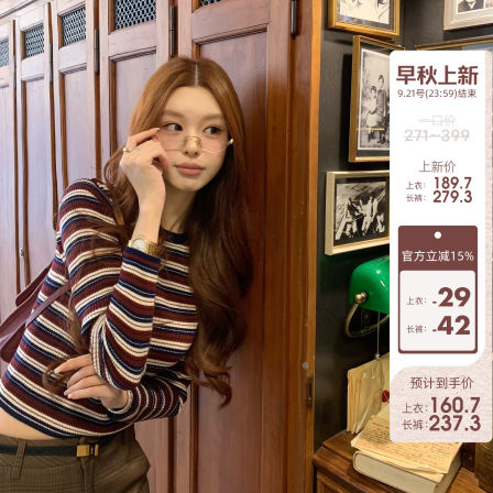 早安樊樊「美留outfit」红条纹针织长袖上衣+格纹直筒长裤套装秋
