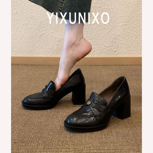 羊皮版~山茶花粗跟英伦风乐福鞋女2025新款单鞋高跟一脚蹬小皮鞋主图