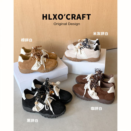 羊皮版~8cm内增高德训鞋女2025新款月牙厚底鸳鸯鞋带运动休闲鞋女