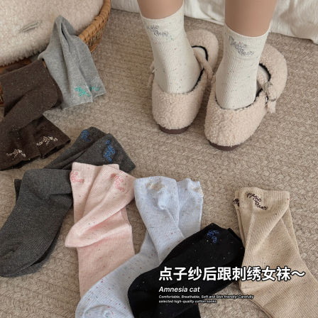 点子纱刺绣袜子女士春秋款纯棉中筒袜日系堆堆袜搭配勃肯鞋长筒袜