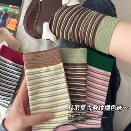 复古条纹袜子女士春秋季纯棉中筒袜ins潮美拉德咖色长袜配德训鞋