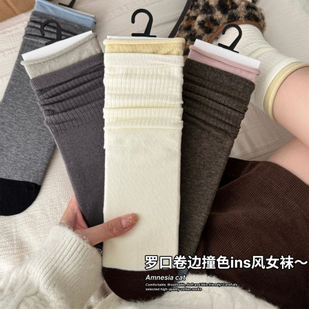 拼色袜子女士春秋款纯棉中筒袜卷边无骨长筒袜日系配勃肯鞋堆堆袜