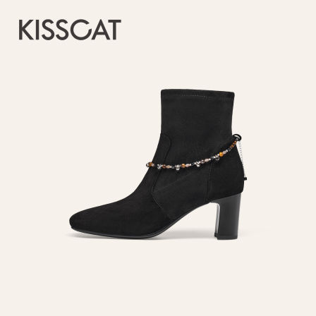 KISSCAT接吻猫25冬新老钱粗跟靴真皮时装瘦瘦靴链条黑色高跟靴女