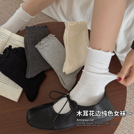 纯色袜子女春秋款纯棉中筒袜ins潮日系堆堆袜花边长袜配玛丽珍鞋
