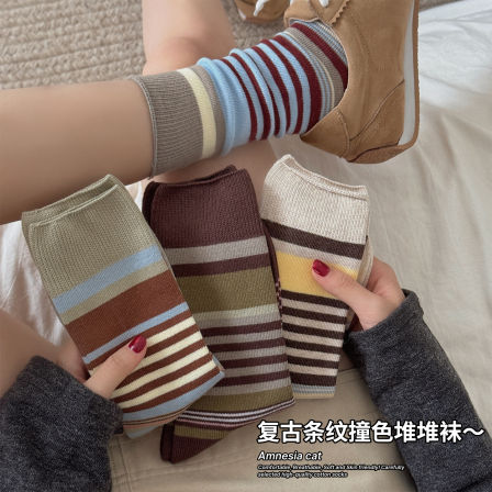 咖色条纹袜子女士春秋季纯棉中筒袜配德训鞋拼色无骨学院风堆堆袜