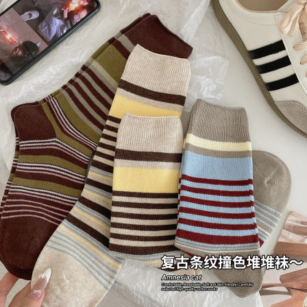 条纹拼色袜子女士春秋款纯棉中筒袜日系美拉德无骨堆堆袜配德训鞋