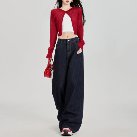 深蓝色阔腿牛仔裤女春秋季2025新款小个子美式慵懒休闲直筒拖地裤