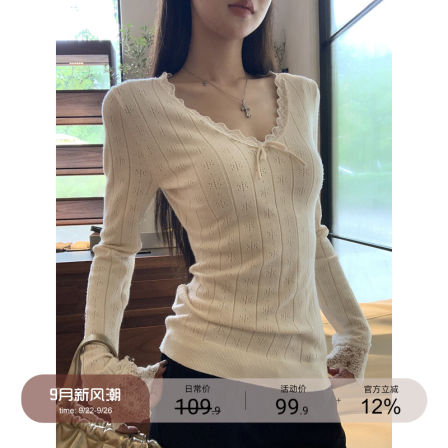 红人馆针织衫女早秋氛围感穿搭蕾丝上衣韩系v领修身显瘦长袖毛衣