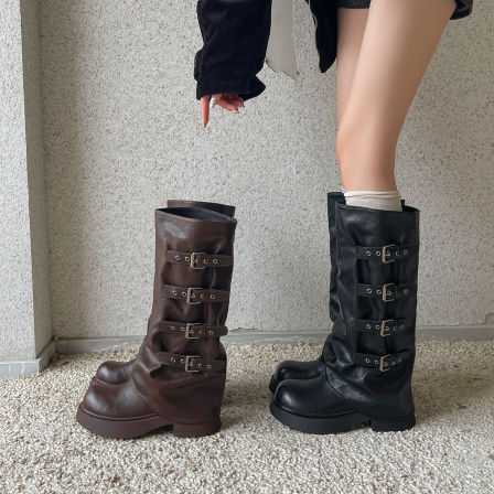 伯爵猫厚底裤管靴女2025秋冬新款小个子皮带扣增高骑士靴高筒长靴