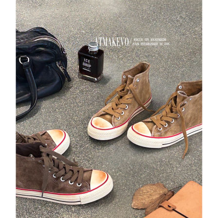 吕小布 | 英式中古感休闲鞋 纯水洗做旧感高丝光牛反绒高帮板鞋女