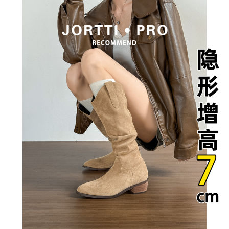 真皮~内增高粗跟堆堆长筒靴女2025秋冬不过膝尖头西部牛仔骑士靴