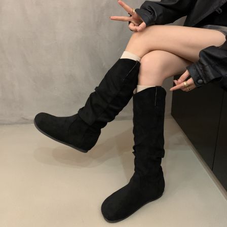 蘑糯糯同款~堆堆靴复古长靴法式女靴子秋冬厚底高筒靴骑士西部靴