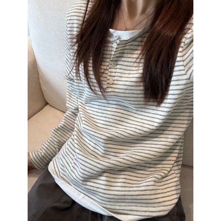 韩系复古正肩亨利领假两件条纹长袖T恤女早秋宽松慵懒小众上衣