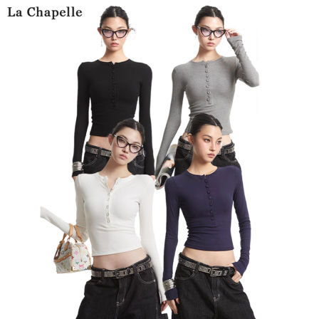 La Chapelle 莱赛尔高级正肩长袖亨利高弹T恤纯色修身上衣打底衫