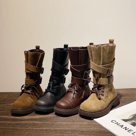 左左家新款儿童复古英伦风长筒靴秋冬女童洋气百搭高筒皮靴骑士靴