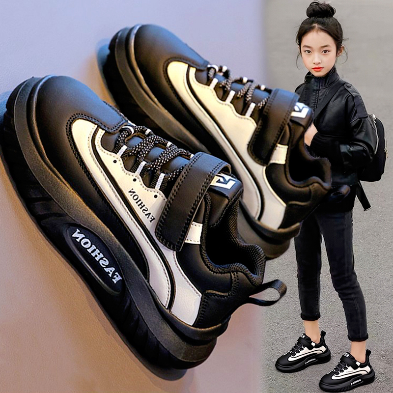 李­­­宁氢云女童运动鞋2025秋季新款儿童皮面黑色板鞋大童女孩主图