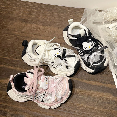 左左家儿童秋季新款卡通KT猫蕾丝运动鞋女童时髦百搭软底老爹鞋