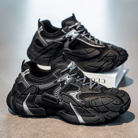 男鞋秋季跑步运动鞋男士户外耐磨徒步登山厚底休闲旅游黑色老爹鞋