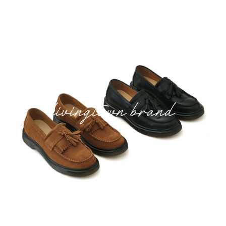 LIVINGTOWN复古英伦风反绒牛皮质感休闲流苏一脚蹬男女款休闲皮鞋