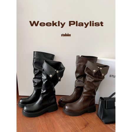 葡萄妈studiolee 增高5cm~ 立体圆头厚底粗跟按扣骑士靴女