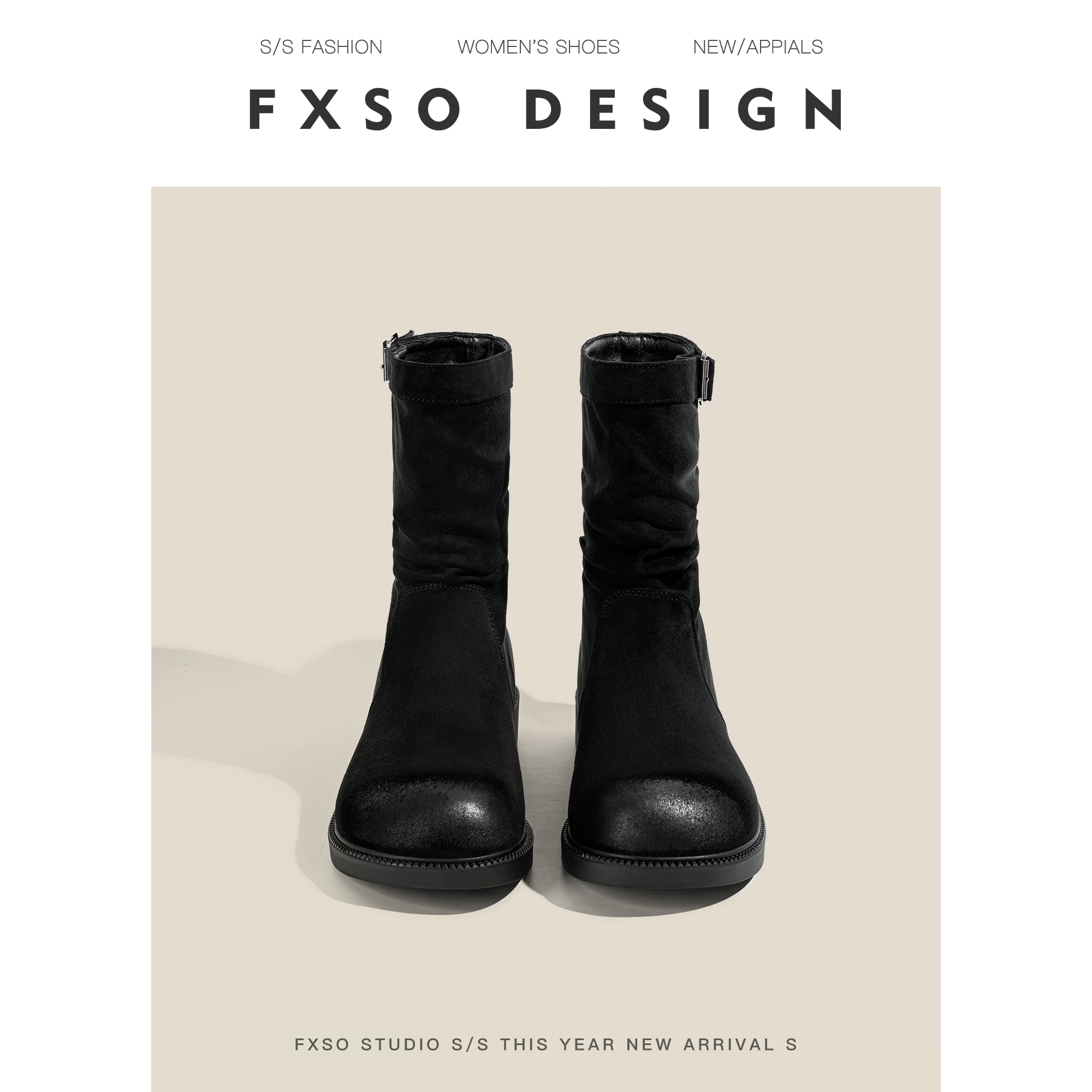 【方巷大叔】牛皮款2025新款休闲时尚通勤时装靴女粗跟圆头中筒靴主图