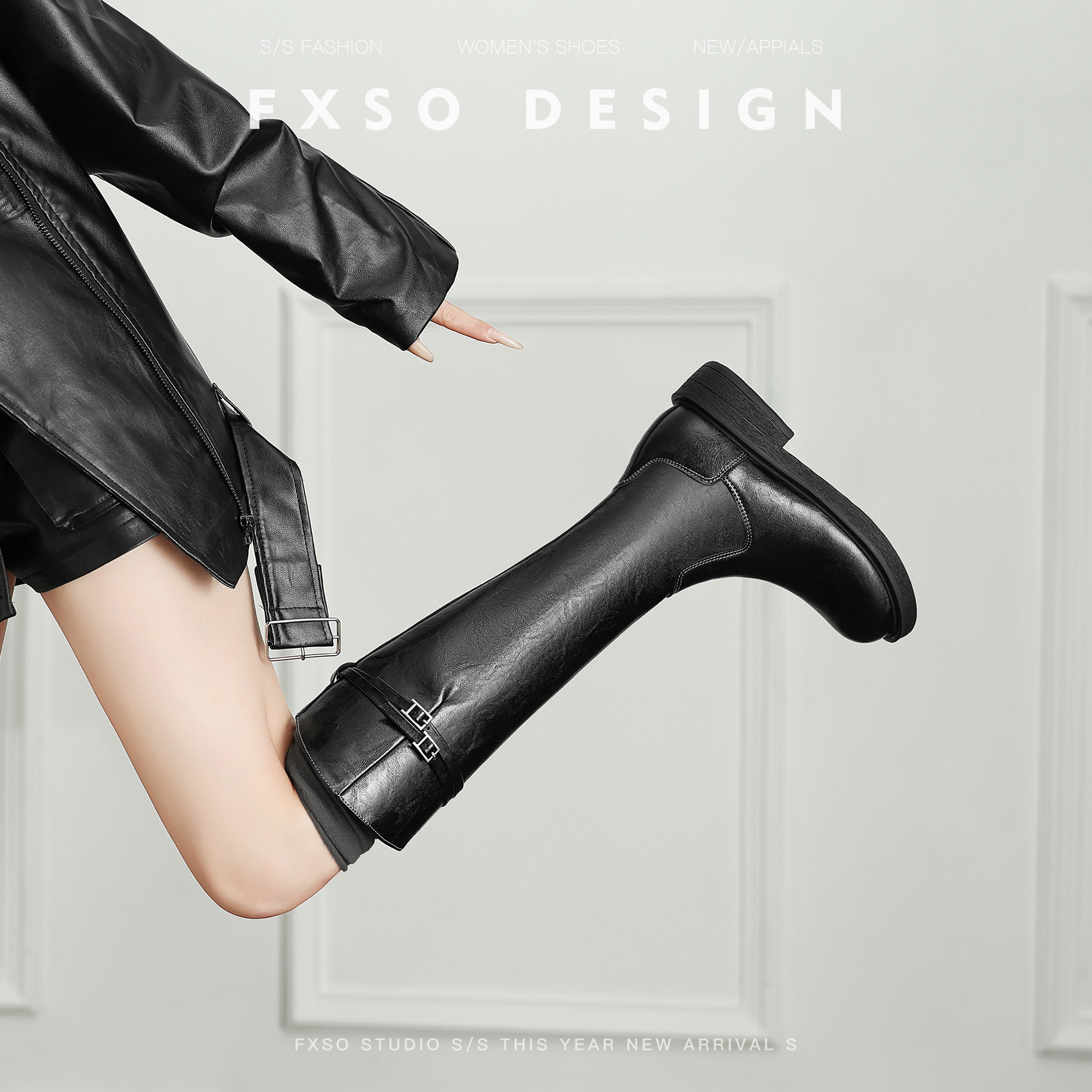 【方巷大叔】真皮版2025新款时尚通勤时装靴女斜口粗跟圆头长筒靴主图