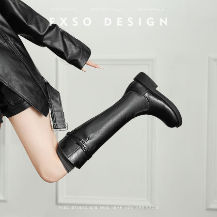 【方巷大叔】真皮版2025新款时尚通勤时装靴女斜口粗跟圆头长筒靴