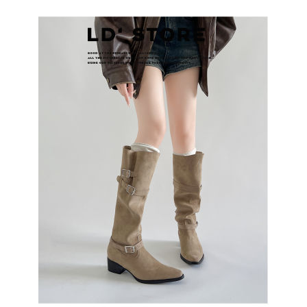 真皮~复古皮带扣粗跟长筒靴女不过膝骑士靴内增高尖头褶皱堆堆靴