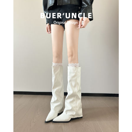 羊皮版！欧美长筒靴女2025新款秋冬美拉德尖头显瘦内增高裤管长靴