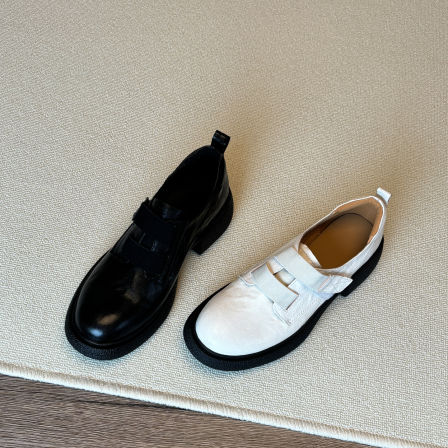 真皮厚底粗跟增高小个子乐福鞋女春秋魔术贴英伦风白色小皮鞋高跟