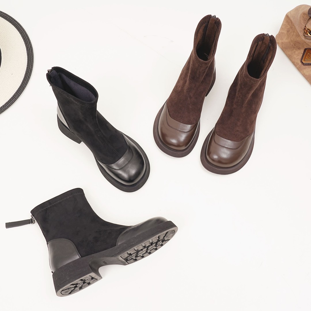 蕊风2025秋新款粗跟弹力短靴女网红时尚厚底百搭美拉德瘦瘦马丁靴主图