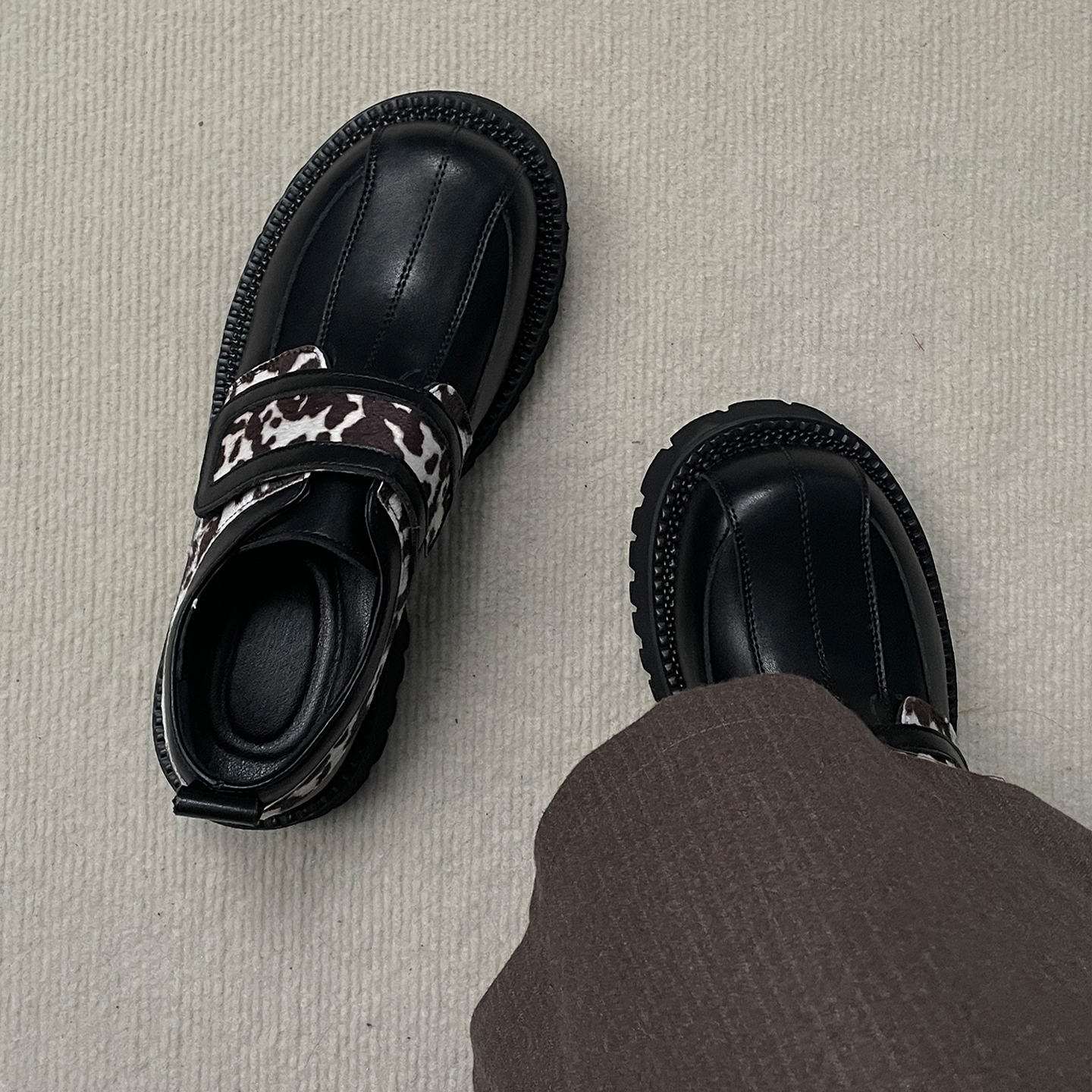 小众拼色魔术贴大头德比鞋男女5CM厚底增高懒人一脚蹬乐福小皮鞋主图