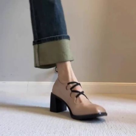 羊皮版~复古软底交叉带玛丽珍鞋女2025新款真皮气质粗跟浅口单鞋