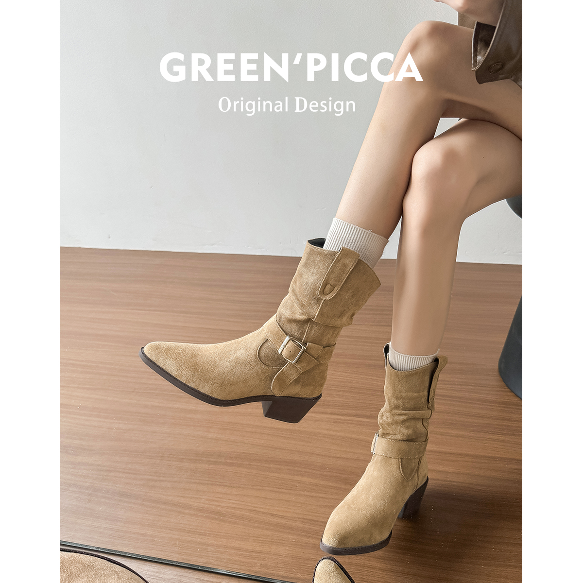 羊皮版~粗跟褶皱堆堆靴女2025新款超火骑士靴复古美拉德高跟短靴主图