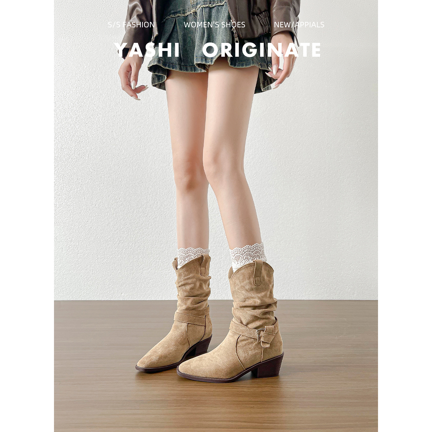 牛皮版~磨砂绒面V口堆堆靴女2025年新款皮带扣百搭尖头粗跟马丁靴主图