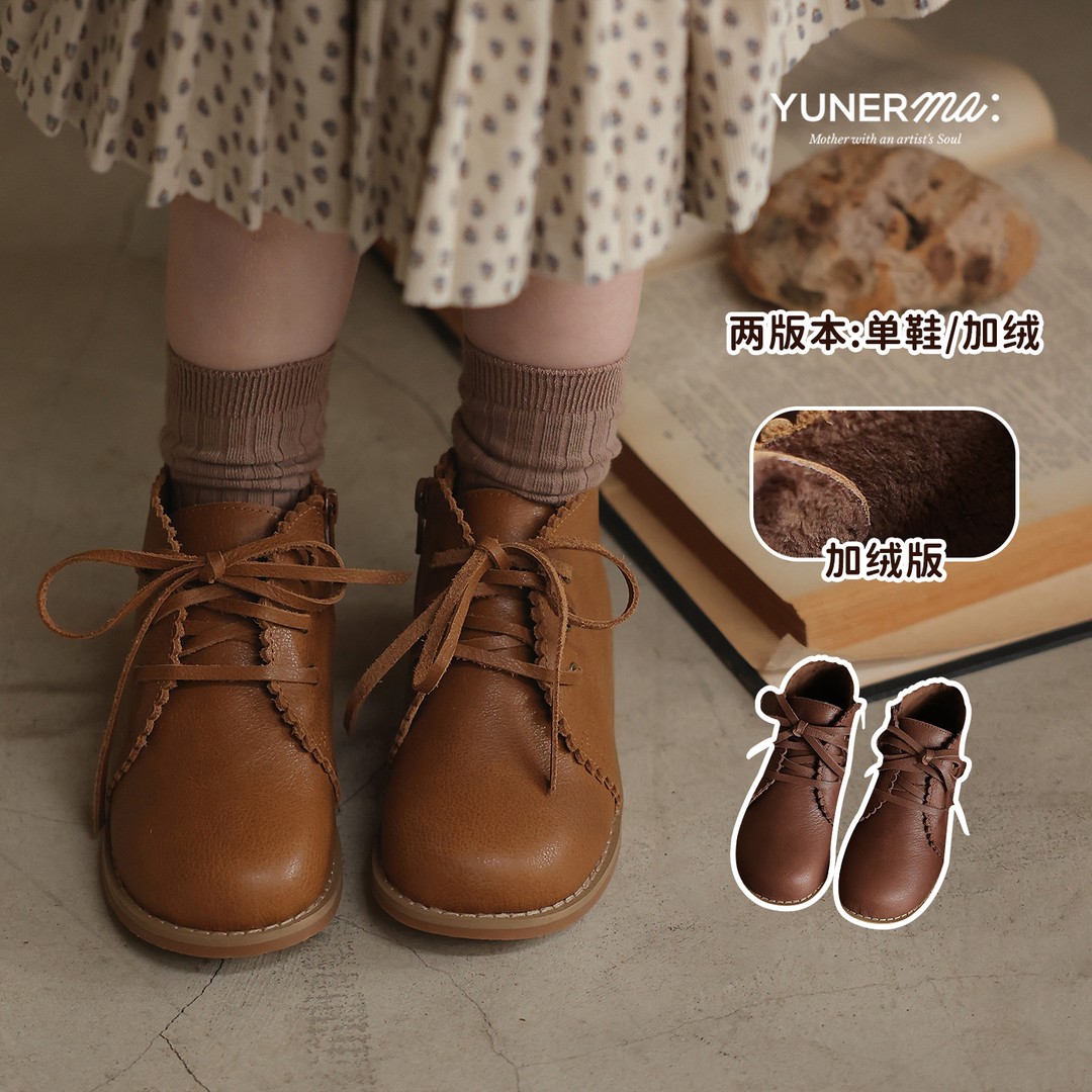 允儿妈女童2024冬季新款纯牛皮复古短靴宝宝秋冬加绒皮鞋儿童鞋子主图